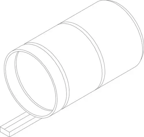 Bosch-Flammtopf, zylindrische Form mit mehreren Ringen, sitzt auf einer rechteckigen Basis. Zeichnung in technischer Darstellung ohne Farbe.